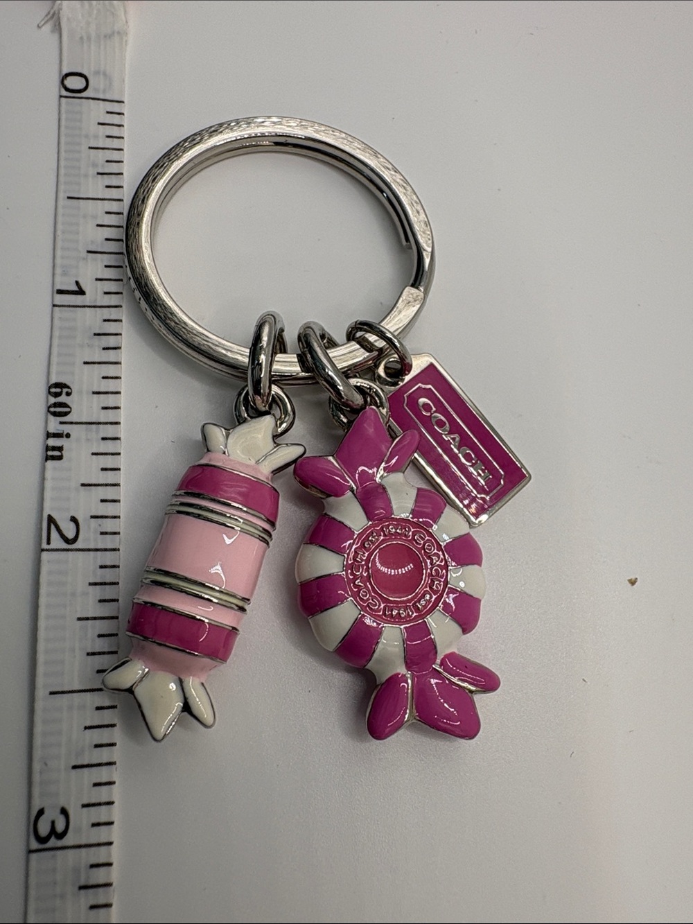 Coach Pink Enamel Candy Charm Key Ring with Logo Tag